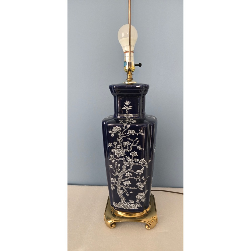 Vintage Cobalt Blue Ceramic Table Lamp Chinoiserie Floral Gold Base 32" Asian